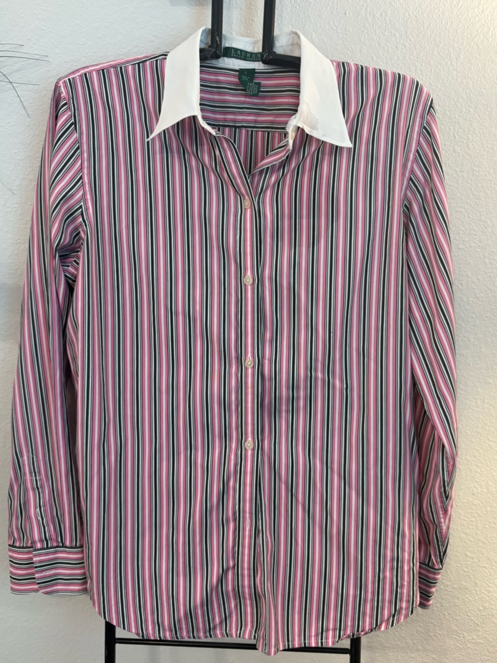 Ralph Lauren Pink Multi-Stripe Button-Up Shirt with White Collar